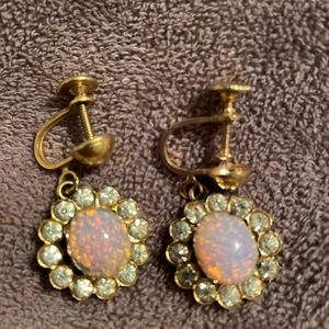Vintage Stunning faux opal glass cabochon screw earrings with 12 rhinest…